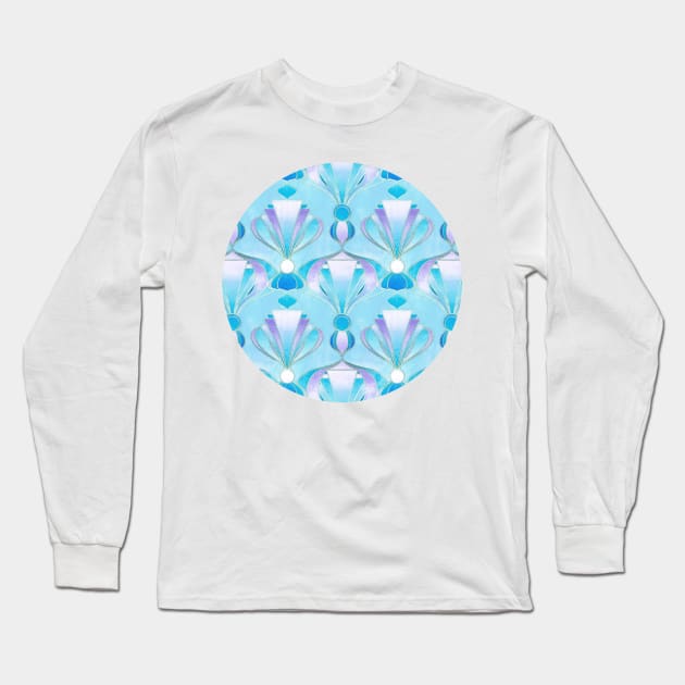 Blue, Purple & Silver Art Deco Pattern Long Sleeve T-Shirt by micklyn